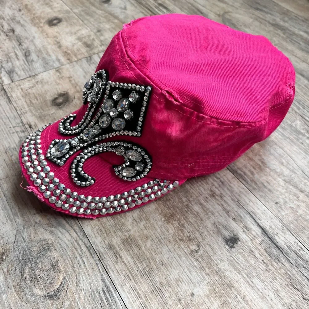 Y2K Hot Pink Rhinestone Fleur De Lis Cap Bling Studded Hat Adjustable Vintage